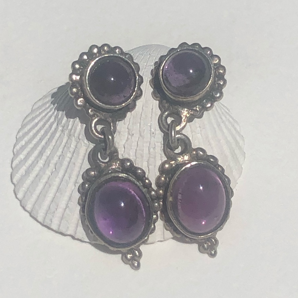 Sterling Silver Amethyst 2 Stone Drop Earrings - Picture 3 of 5